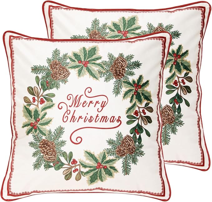 French Chrismas Velvet Throw Pillow Cover,Set of 2,18"x18"-Carol A | Vintage Square Pillow Cover,Concealed Zipper Design,Pinecones Pattern,Sofas,Bedroom,Living Room,Lounge Chairs,Decor