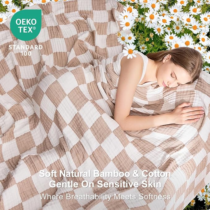 EMME Cooling Muslin Queen Blanket for Bed - Checkered Lightweight Summer Cotton Blankets of Rayon Derived from Bamboo for Hot Sleepers, Ultra Soft Breathable Gauze