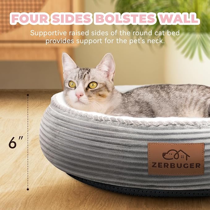 Zerbuger 20in Light Grey Round Dog Bed Sofa for Dogs Cats, Machine Washable | for Small/Medium/Large Dogs Cats, Foam Pet Couch with Removable Mat Non-Slip Bottom, Pet Cuddler for Indoor/Outdoor/Car/Cage