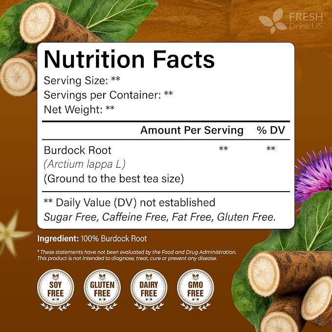 FreshDrinkUS, Premium 75 Burdock Root Tea Bags, 100% Natural & Pure, Herbal Tea. Made with Natural Material Tea Bags. No Sugar, No Caffeine, No Gluten, Vegan.