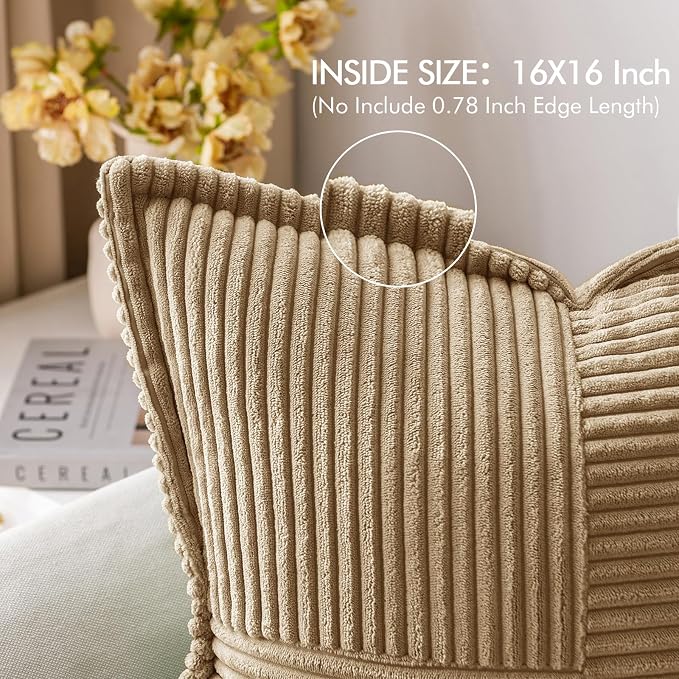 MIULEE Decorative Throw Pillow Covers for Couch 16x16 Inch Khaki 2 Pack | Boho Broadside Striped Patchwork Pillow Covers, Soft Corduroy Cushion Cases, For Sofa Bed Livingroom Home Decor