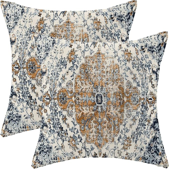 AEIOAE Boho Pillow Covers 18x18 Inch Set of 2,Carpet Pattern Throw Pillows Case,Gold Blue Ethnic Design Outdoor Decorative Square Linen Farmhouse Decor Cushion Covers for Home Sofa Bed Couch