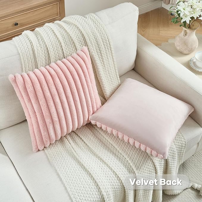 FUTEI Pack of 2 Faux Fur Throw Pillow Covers 24x24 Inch, Pink | Fluffy Faux Rabbit Fur Front/Premium Velvet Back,Hidden Zipper,Machine Washable,Non-Shedding,Colorfast,Insert Not Included.