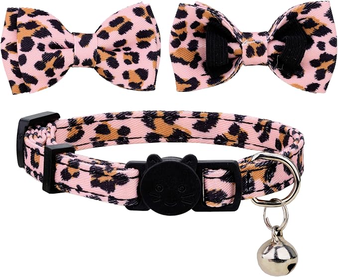 Collar for Cat Pet Breakaway with Bell Bowtie Detachable Bow Adjustable Safety Kitten Puppy Girl Boy 2pcs Pink Leopard & Pure