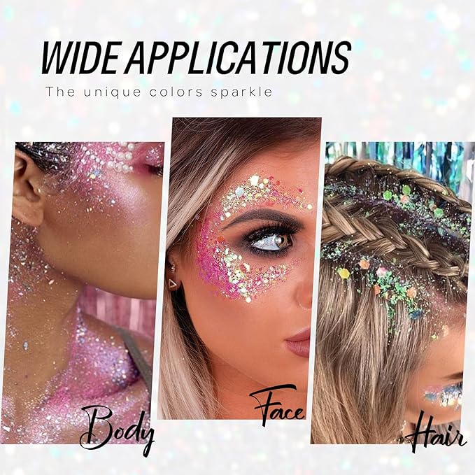 Green Face and Body Hair Glitter Gel, St Patricks Day Shamrock Face Paint Holographic Chunky Festival Rave Accessories Glitter Makeup, 6 Kinds of Sparkling Sequins for Hair Nail Eye Lip Body