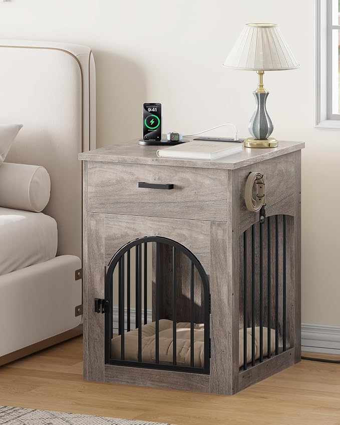 CHOEZON Dog Crate Furniture, Wooden Dog Kennel with Charging Station and Storage Drawer, Indoor Pet Crate End Table for Small Breeds, Dog Cage Furniture for Living Room, Bedroom, Greige MGW01UFH