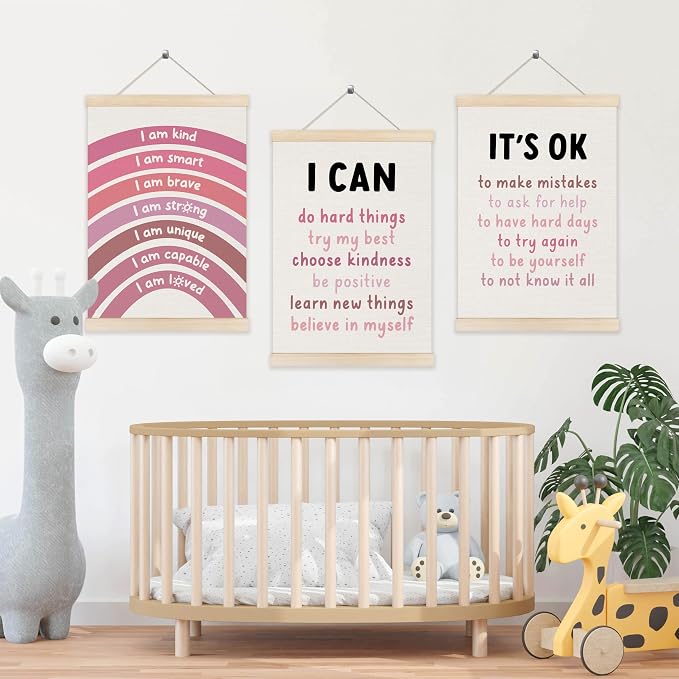 Koesus Inspirational Classroom Pink Rainbow Wall Art Poster Hanger Frame 12x16 Inch Set of 3, Positive Affirmations for Kids, Motivational Canvas Prints Framed Wall Decor for Classroom Kids Room