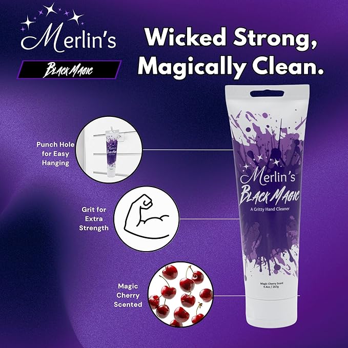 Merlin's Black Magic Gritty Hand Soap - Gritty Hand Cleaner - Soap for Grease, Grime, Oil, Paint Removal - Deep-Cleaning, Moisturizing, Tough on Grease - 9.4oz Tube