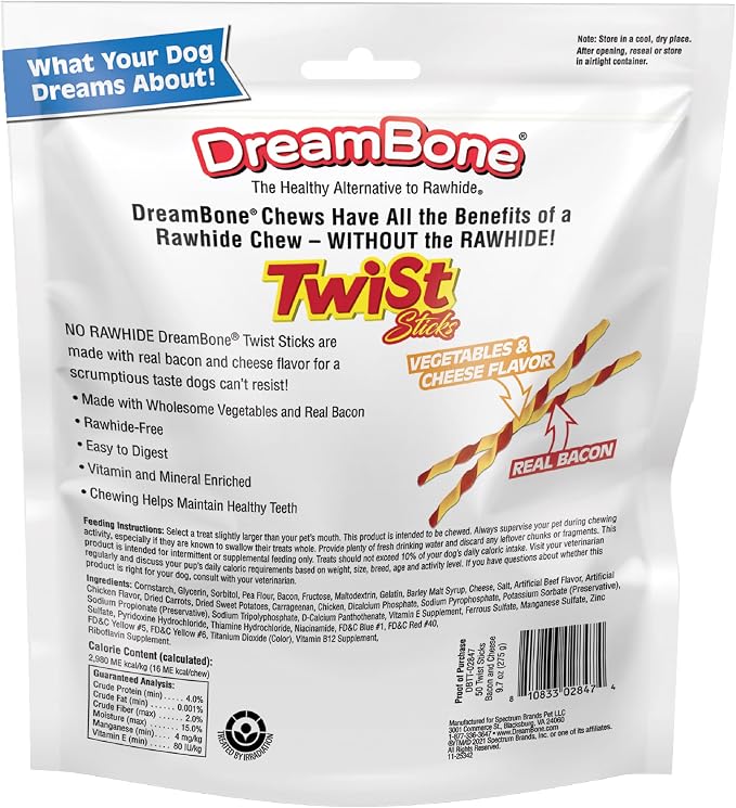 DreamBone Twist Stick Bacon & Cheese Rawhide-Free Dog Treats, 50 Count | Daily Chew, Digests Safely and Completely, Made With Real Protein, Chicken and Veggies, Bacon & Cheese Flavor, For Adult Dogs