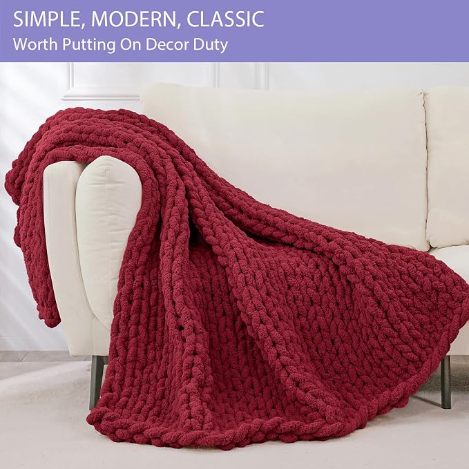 Bigacogo Chunky Knit Throw Blanket for Couch, 51x63 inches, Red | Hand Knit with Jumbo Chenille, Soft Breathable Cable Knit for Sofa Bed Living Room, Machine Washable, Gift for Mom Friend