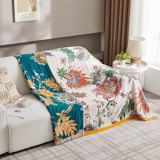 Boho Throw Blanket for Bed 100% Cotton Bohemian Blankets Ultra Soft Woven Muslin Decorative Blankets All Seasons Vintage Quilt Knitted Blanket for Sofa Chair(Beige, 60"x80")