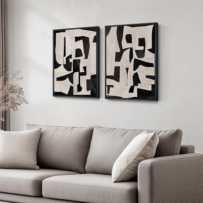 Framed Black and Beige Abstract Wall Art, 2 Piece Canvas Prints Paintings Artwork for Walls, Modern Minimalist Abstract Pictures for Living Room Hallway Bedroom Office Bathroom Wall Decor 16x24 In