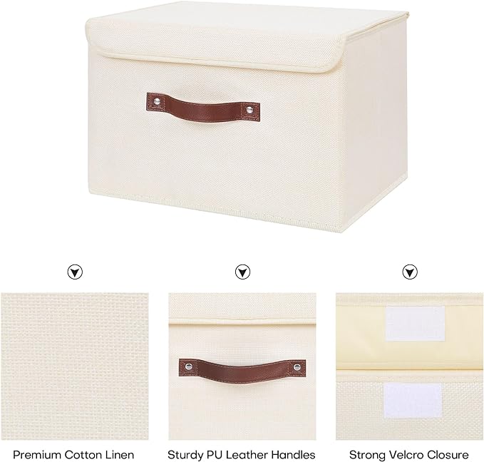 ANMINY Fabric Storage Box Bins with Lids, Beige, 15"x10"x10" | Keepsake Memory Storage, Cotton Linen, PP Board Reinforced, Washable, PU Handles, Foldable & Stackable, Decorative, Large