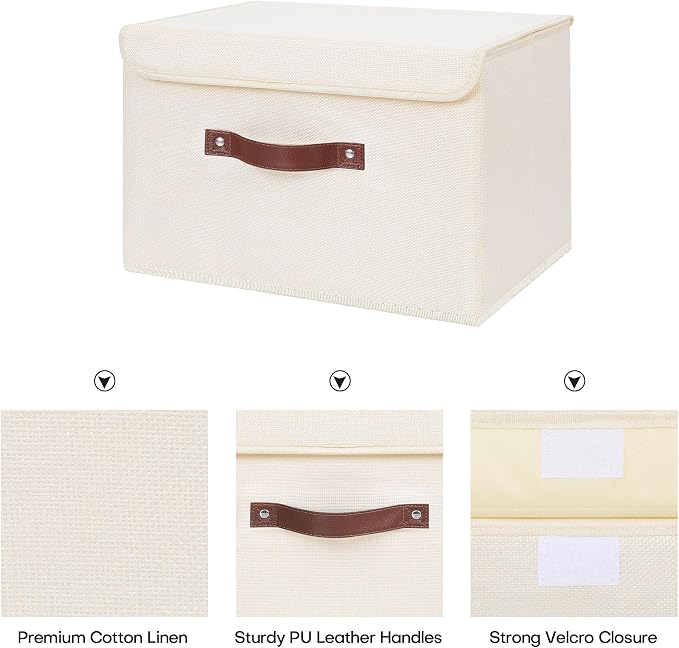 ANMINY Fabric Storage Box Bins with Lids, Beige, 15"x10"x10", 4 Pack | Keepsake Memory Storage, Cotton Linen, PP Board Reinforced, Washable, PU Handles, Foldable & Stackable, Decorative, Large