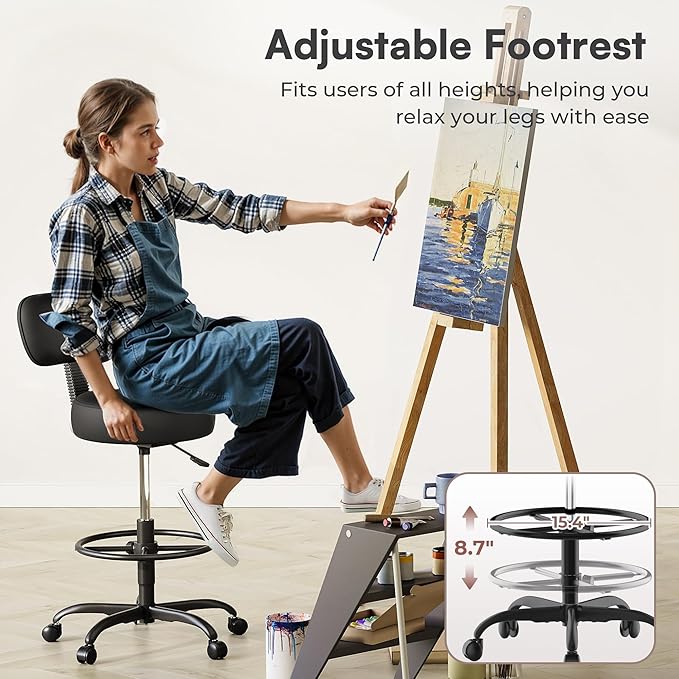 SUPERJARE Drafting Chair with Back, Adjustable Foot Rest Rolling Stool, Multi-Purpose Office Desk Chair, Thick Seat Cushion for Home Bar Kitchen Shop - All Black 7205DD