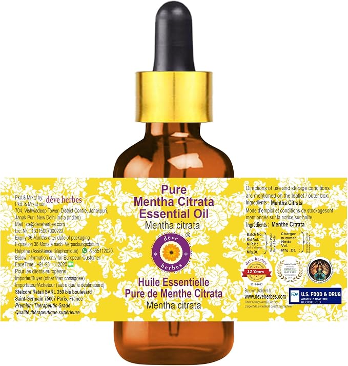 Deve Herbes Pure Mentha Citrata Essential Oil (Mentha citrata) with Glass Dropper Steam Distilled 15ml (0.50 oz)
