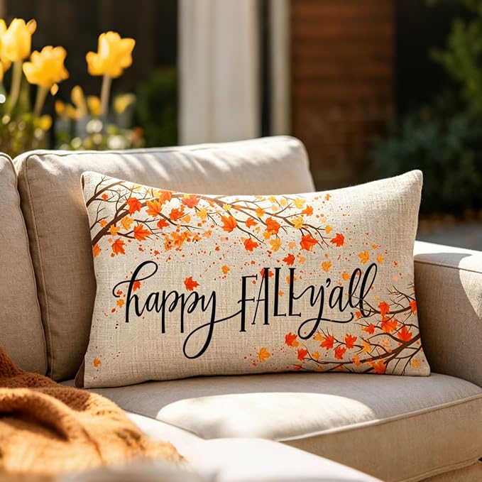 Happy Fall Y All Tree Maple Leaves Autumn Gift Cotton Linen Decorative Throw Pillow Cover Cushion Case 12''X20''inches