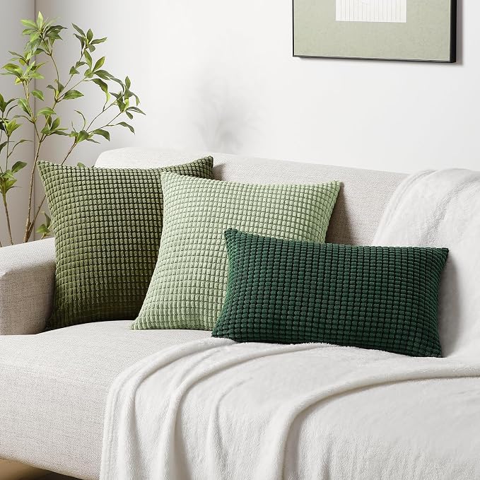 Softalker 2 Pack Corduroy Decorative Throw Pillow Covers 18x18, Olive Green | Soft Boho Striped Pillow Cases, Couch Fluffy Cushion Covers for Farmhouse Home Decor Bed Living Room