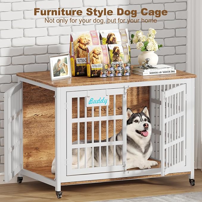 EasyCom 46"/42"/33" XXL Heavy Duty Dog Crate Furniture with Casters | Dog Kennel Indoor with Name Tag, Escape-Proof and Chew-Proof Dog Cage for Large High Anxiety Dog, as End Table