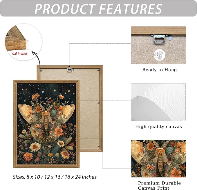 ICHZUMW Framed William Morris Moth Floral Vintage Canvas Wall Art 8x10 In | Dark Cottagecore Prints, Antique Aesthetic Celestial Wall Decor for Bedroom Living Room Bathroom Office, Ready to Hang