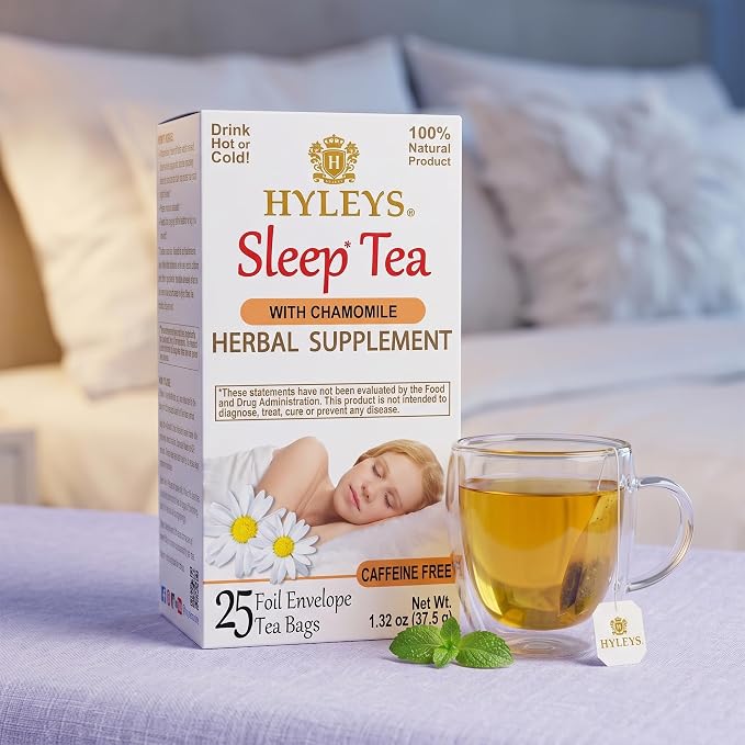 HYLEYS Sleep Tea with Chamomile, Valerian Root and Lavender, 25 Individually Wrapped Tea Bags - Caffeine Free Herbal Sleep Blend - Gluten Free Vegan & Plant Based