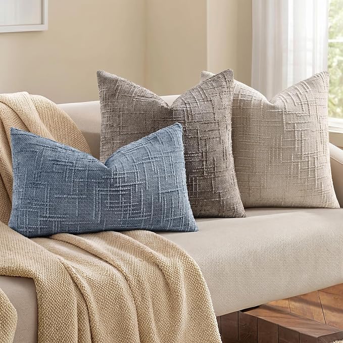 decorUhome Textured Chenille Throw Pillow Covers 26x26 Set of 2 Grey Blue | Fall Modern Farmhouse Soft Cozy Slubby Couch Pillow Cases Boho Decorative Pillow Cases for Bed Sofa Living Room Home Decor
