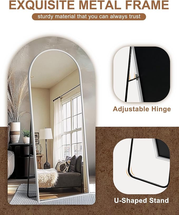 Arched Full Length Mirror with Stand, 69x24 Silver Floor Mirror | Aluminium alloy frame with HD float glass for distortion-free reflection. Free standing or wall mounted.
