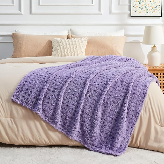 NEWCOSPLAY 3D Waffle Checkered Flannel King Blanket, Lavender, 90"x110" | Super Soft Cute Lightweight Decorative Premium Silky Fleece Blanket for Couch Sofa Bed, Gift for Women Men, All Season Use