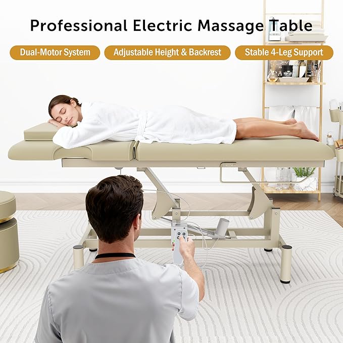 Professional Electric Massage Table, 2 Motors Hydraulic Electric Lift Adjustable Backrest and Height Lifting Functions for Treatment/Physical Therapy/Spinal Massage/Facial Spa/Waxing - Beige Gray