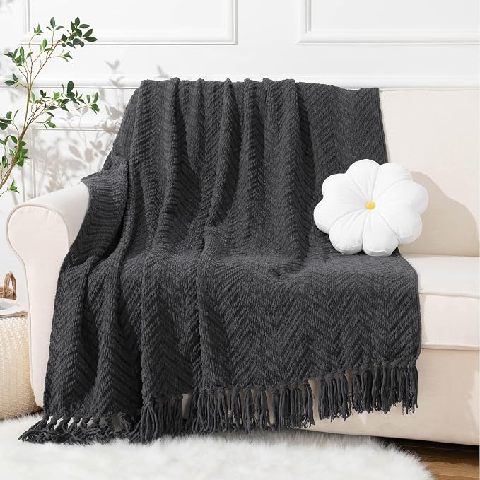 BATTILO HOME Dark Grey Throw Blanket for Couch, 50"x60" | Knit Charcoal Throw Blanket Versatile for Chair, Super Soft Warm Grey Blanket with Tassels for Bed, Sofa and Living Room