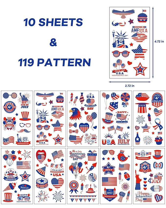 Fourth of July Decorations Tattoos, 10 Sheets 119 Styles 4th of July Temporary Tattoos for Kids Adults, Red White and Blue Party Supplies, USA Flag, Independence Day Favors, Memorial Accessories