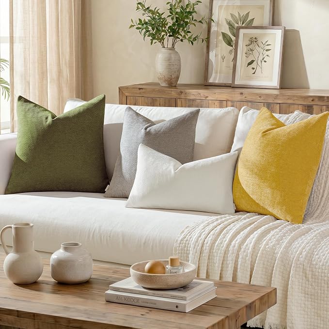 Fall Decorative Throw Pillow Covers Pack of 2,24x24 Inch Mustard Yellow | Twill Chenille Cushion Covers for Sofa Living Room Couch Bed