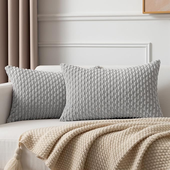 Kevin Textile Soft Corduroy 14"x24" Lumbar Pillow Cover 1 Pack, Light Grey | Boho Stripe Plush Corduroy Decorative Oblong Cushion Cover Modern Farmhouse Home Decor for Sofa Couch Bed Chair
