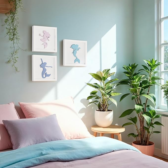 Tide and Tales Elegant 3D Mermaid Wall Decor, Framed Wooden Set of 3 Silhouettes in Pastel Colors, Mermaid Bathroom Decor, Ocean Room Decorations for Girls Bedroom, Ocean Wall Art