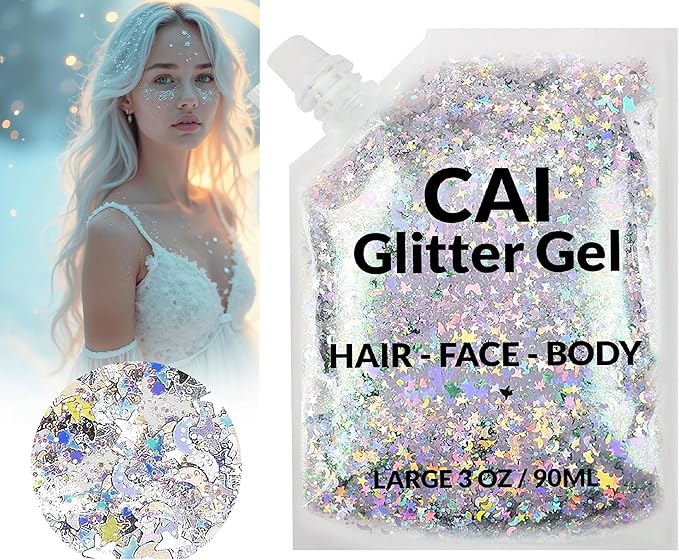 Face, Body & Hair Glitter Gel – Halloween Glitter for Kids and Women – 3 Oz Cosmetic-Grade Gel w/Moon & Stars for Festivals & Halloween Party, Easy Apply & Wash Off - Blue 1Pack