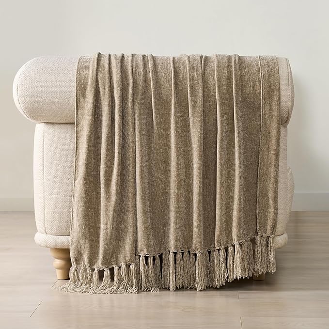 Chenille Knit Throw Blanket for Couch, 60"x80", Beige | Cozy Plush Fuzzy Knittd Throw with Tassels, Lightweight, Decorative, Farmhouse Decor, Ideal for Bed Sofa Gift, All Seasons