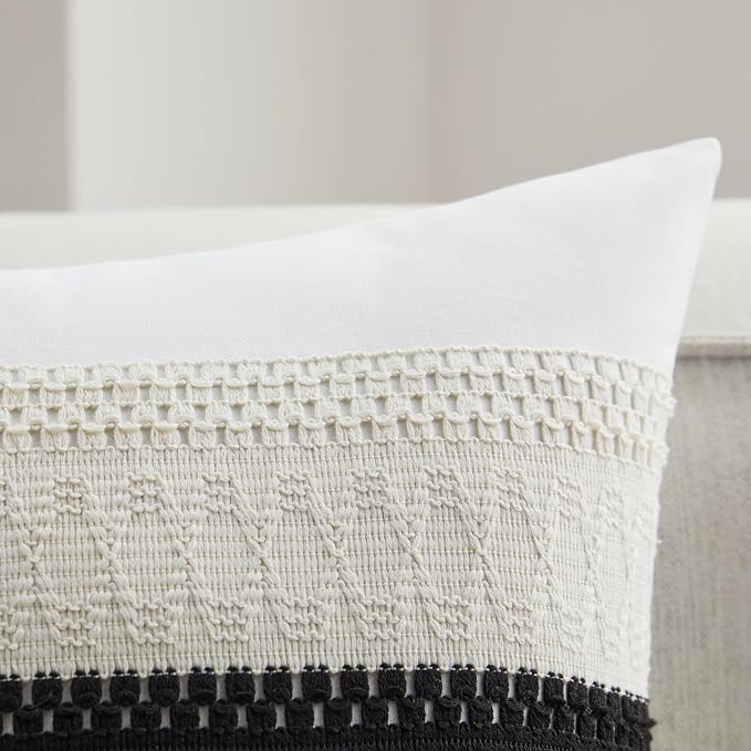 2pk Boho Pillow Covers 16x16, Natural White/Contrast/Black | 100% Organic Cotton Body, Stripe Embroidery, Farmhouse Decorative Cushion Covers for Sofa Bed Living Room Home Decor