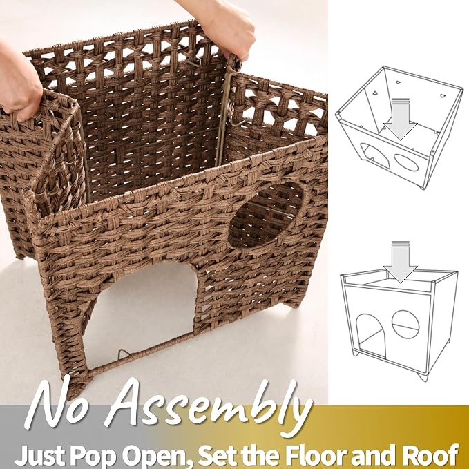 Handwoven Wicker Cat House with Peekaboo Window, for 1-2 Cats Under 20 lb | Woven wicker and raised base for airflow, cool for summer use. Natural furniture look. Rinse clean. Pop open and no assembly.