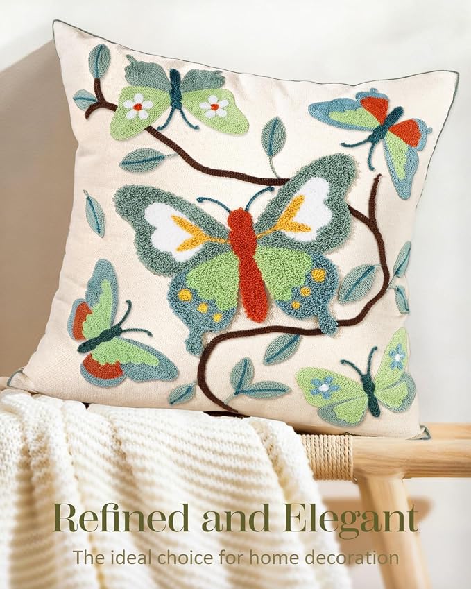 Embroidered Throw Pillow Cover 18x18 Inch, Branch Butterfly | Decorative Pillow Cover, Cottagecore Cushion Case with Hidden Zipper, Botanical Decor for Couch, Sofa, Living Room, Bedroom