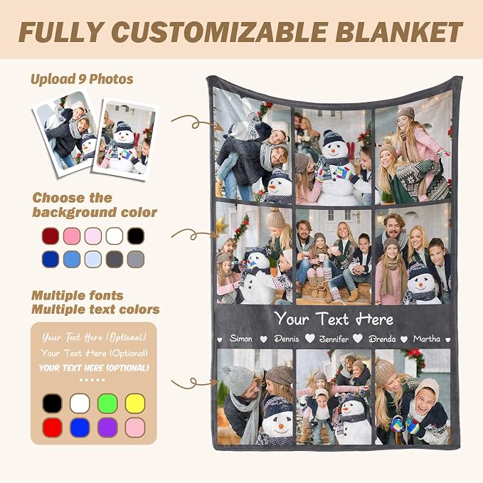 iDIY Custom Blanket with Picture and Text - Ships Next Day - Personalized Photo Throw - Customized Gifts for Family and Couples - 9 Photos