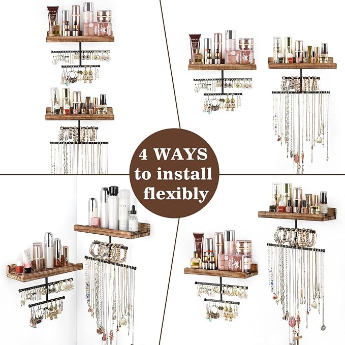 Keebofly Hanging Wall Mounted Jewelry Organizer with Rustic Wood Jewelry Holder Display for Necklaces Bracelet Earrings Ring Set of 2 Carbonized Black,[Patented]