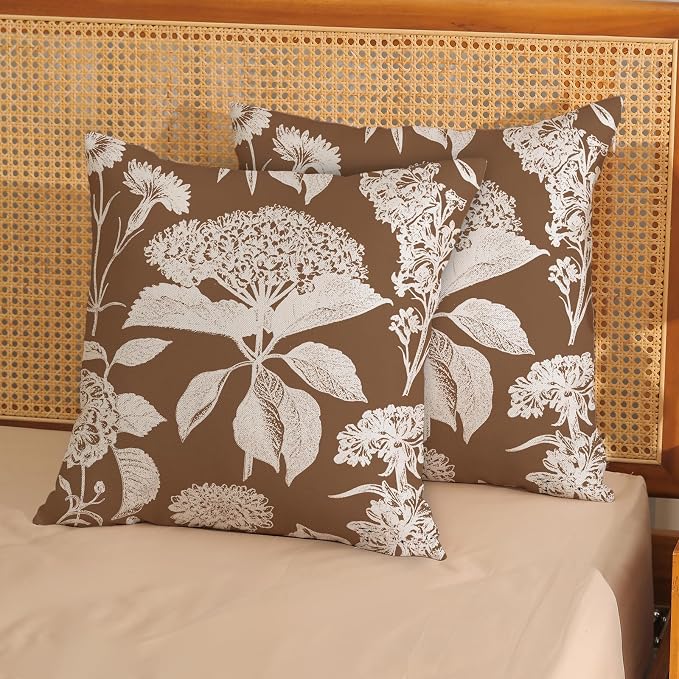 Floral Pillow Covers 18x18 Set of 2 Brown Beige Hydrangea Herbs Botanical Throw Pillow Cover Outdoor Decor Vintage Boho Flower Pillowcase Farmhouse Decorative Cushion Case for Home Couch Sofa