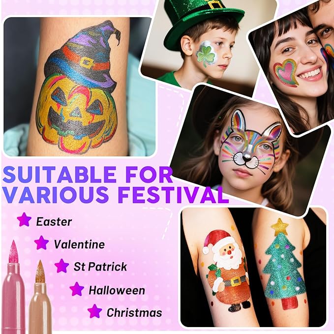 ThEast 10 Colors Metallic Face Paint, Athena Face Body Paint, Temporary Tattoo Markers for Skin, Face Painting Kit Body Markers Christmas Stocking Stuffers