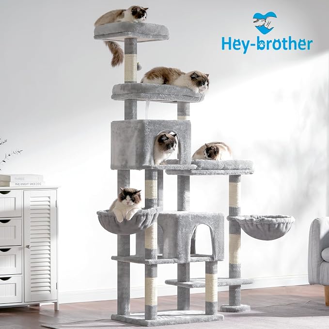 Hey-brother Cat Tree Tower with Stable Extended Base, 3 Platforms, MPJ038W | 70.9 Inches Multi-Level Sisal Scratching Posts, Wide Bed, 2 Cozy Condos, 2 Hammocks, Toy Balls for Indoor Cats, Light Gray