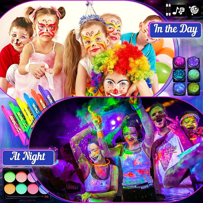 Neon Face Paint Glow in the Dark Face Painting Kit, U V Blacklight Face and Body Paint Makeup Glitter Gel Neon Paint Stick with Stencil for Halloween Party Cheer Raves Festival(Washable for Kid Adult)
