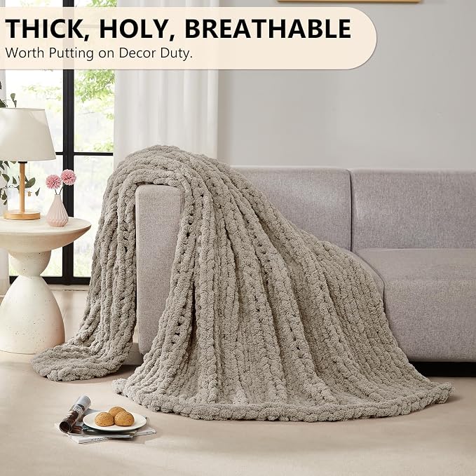 L'AGRATY Chunky Knit Throw Blanket for Couch, 80 x 90 Inches, Light Linen | Handmade Chenille Crochet Blanket for Sofa Bed, Thick Cable Knitted Blankets for Room Home Decor, Birthday Gift for Women Mom