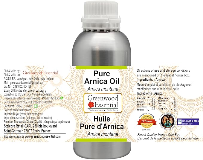Greenwood Essential Arnica Oil (Arnica montana) | Infused | Pure | Non-Sticky | Lightweight | For Massage Preparations | Natural | Ayurvedic | For Men & Women | All Skin Types | 630ml (21 oz)