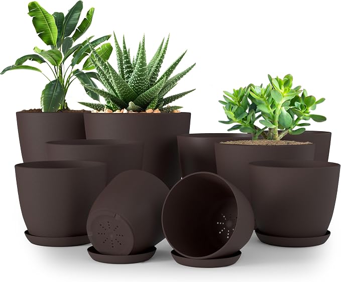 Plant Pots Indoor with Drainage, 10 Pack Multi-Size Planters Set, Brown | Drainage holes included Multiple sizes 7/6.6/6/5.3/4.8 In Indoor plants and flowers Durable plastic construction