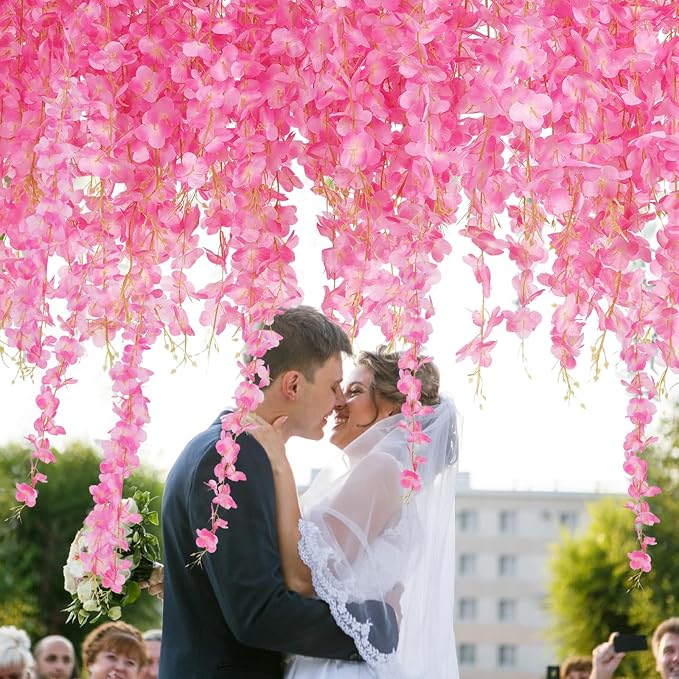 Wisteria Hanging Flowers, Fake Flowers, 24 Pack 3.6 Feet/Pcs Pink Wisteria Artificial Flowers, Fake Flowers Garland, Hanging Vines for Bedroom Wedding Home Party Wall Decoration