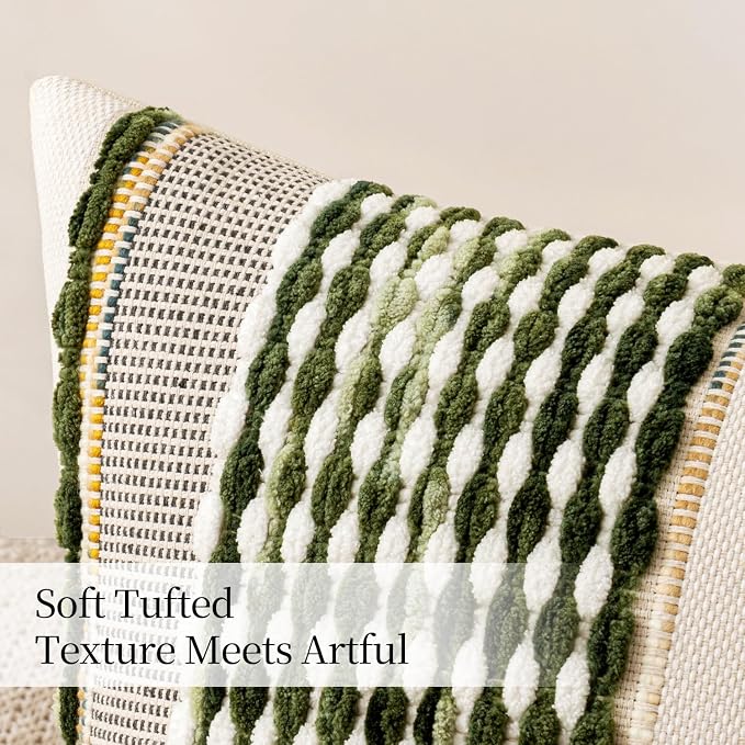 ANRODUO Boho Decorative Pillow Covers Olive Green Stripe 26x26 Pack of 2 | Euro Throw Pillow Covers, Farmhouse Cushion Case, Chenille Pillow Cases, Pillow Covers, Neutral Pillowcase for Sofa Couch Bed